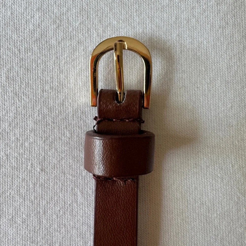 Brown Faux Leather Skinny Studded Belt Gold Horseshoe Buckle Slim Waist Belt